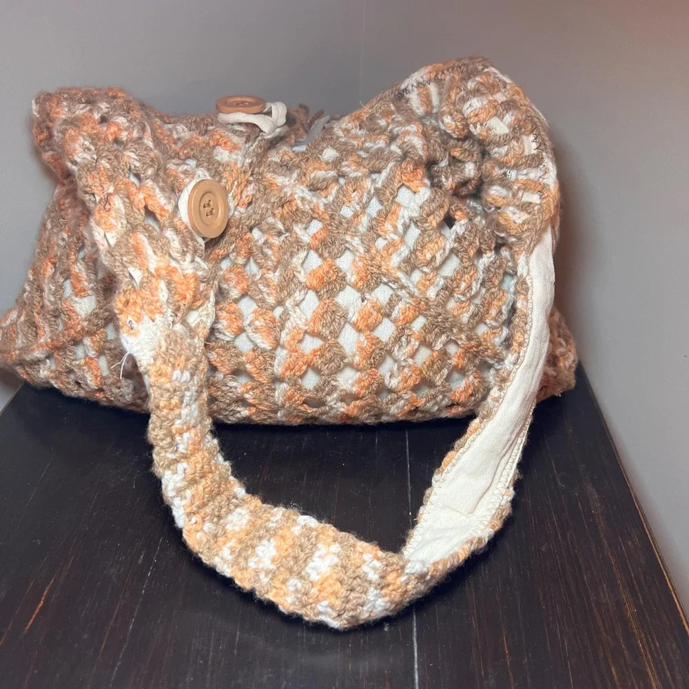 Handmade Crochet Hobo Bag Lined Boho Shoulder Purse Peach Tan Cream Wood Buttons